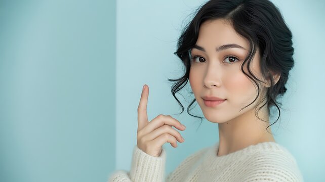 The image shows a woman posing against a soft, light-colored background. She has dark hair styled in a loose updo with a few strands framing her face. Her expression is calm and composed, and she&rsquo;s lo