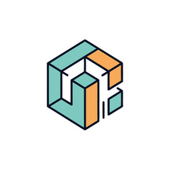 Obraz premium Modern Abstract Geometric Isometric Cube Block Logo Design. Minimalist Teal and Orange Vector Illustration for Technology or Business Concepts.