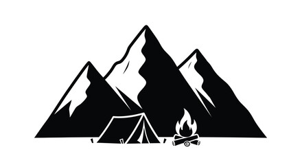 Mountain camping scene with a tent and campfire black silhouette © MDHOJAIFA