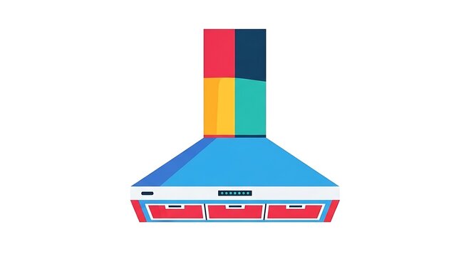 Colorful kitchen range hood with multicolored chimney and red drawers