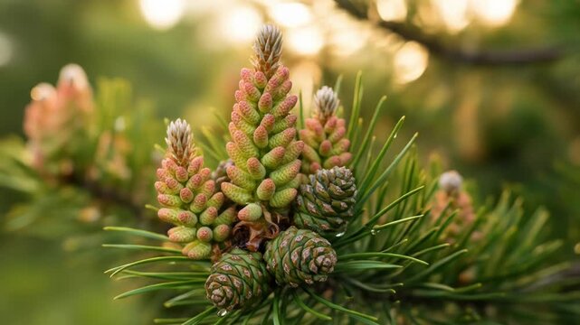 A close-up of a pine branch with young cones and needles in warm sunlight