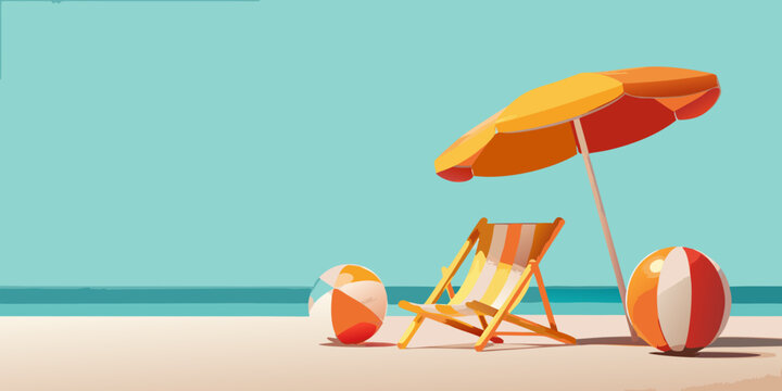 A colorful beach scene featuring a striped chair umbrella and beach balls