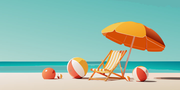 A vibrant beach scene featuring a beach chair and colorful accessories