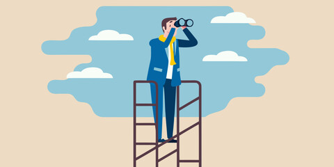 A man stands on a ladder looking through binoculars at the distance © Pabitra