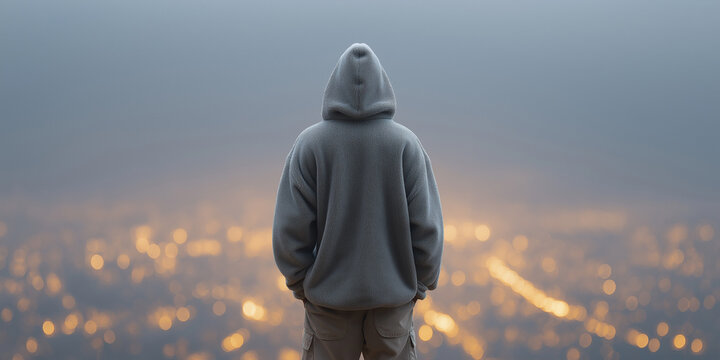 Solitary hooded man overlooking blurred city lights at dusk