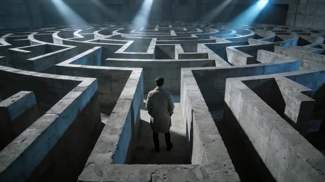 Rear view of a man facing a massive concrete maze labyrinth symbolizing complex life choices, business challenges, and the search for strategic direction.