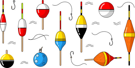 Fishing Float and Bobber Vector Icon Set with Hooks, Lines and Colorful Angling Equipment Symbols for Fishing Sport, Tackle Shop and Outdoor Design © Abdul