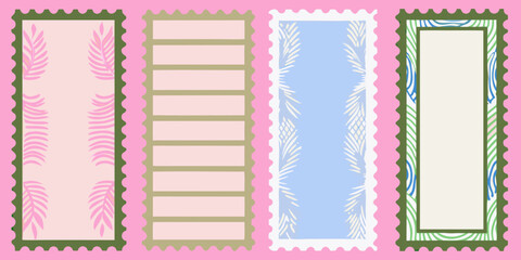 Four decorative postage stamp shaped designs with floral and linear patterns