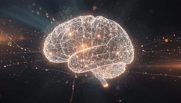 Thousands of tiny luminous particles drifting in darkness gradually assembling into the shape of a digital brain, neuron connections forming between glowing nodes