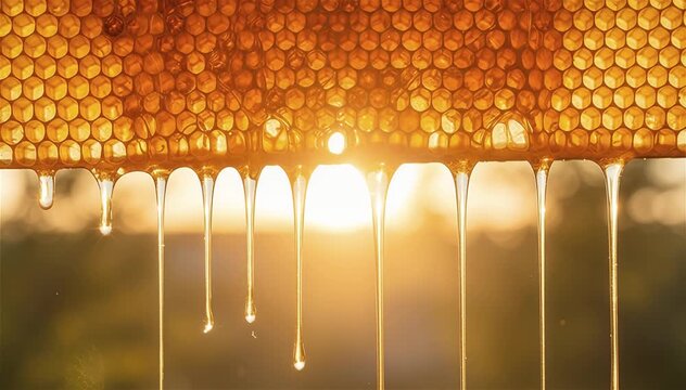Close-up of golden honey dripping directly from a honeycomb, with light shining through the comb's intricate pattern.
