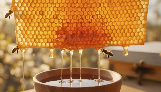 Close-up of golden honey dripping directly from a honeycomb, with light shining through the comb's intricate pattern.
