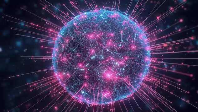 Massive spherical neural network made of thousands of glowing nodes connected by dynamic data lines, signals constantly traveling across the structure forming moving patterns of intelligence