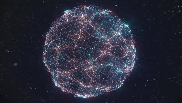 Massive spherical neural network made of thousands of glowing nodes connected by dynamic data lines, signals constantly traveling across the structure forming moving patterns of intelligence