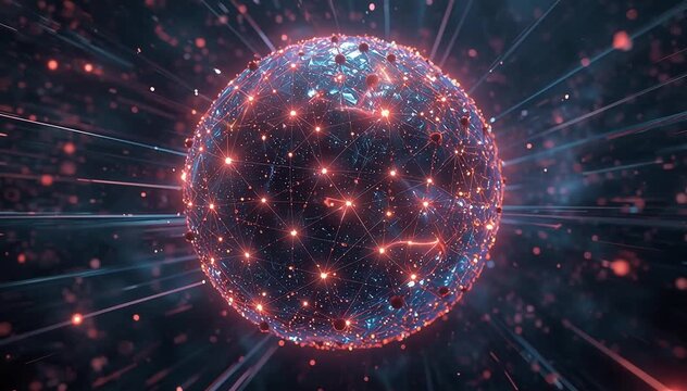 Massive spherical neural network made of thousands of glowing nodes connected by dynamic data lines, signals constantly traveling across the structure forming moving patterns of intelligence