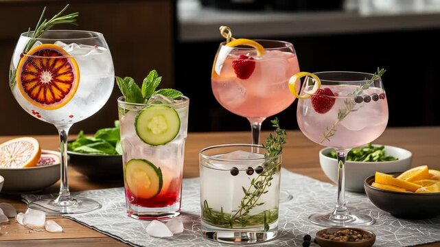 Four elegant glasses of mixed drinks with garnishes on a wooden table