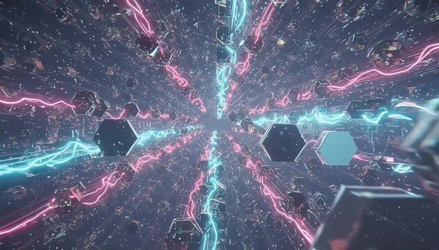 Macro view inside a massive neural network system where luminous nodes connect through transparent digital filaments, bright electric signals traveling continuously from neuron to neuron,