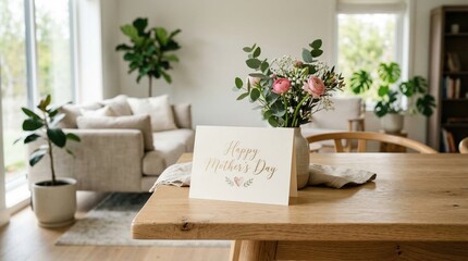 Fototapeta premium Happy Mother's Day card with flowers on wooden table in cozy living room 
