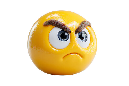A worried yellow emoji with brown eyebrows on transparent background