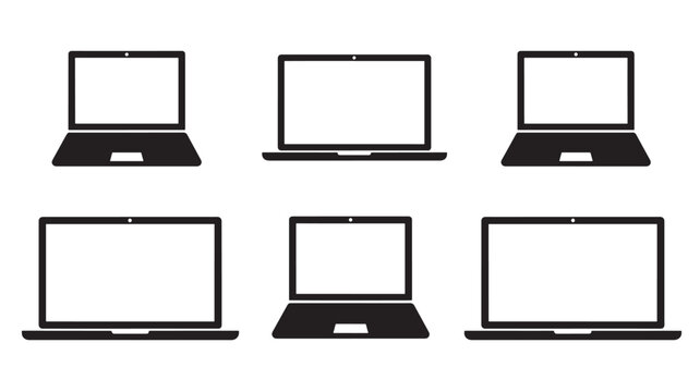 Laptops black simple icons showing different designs and angles with blank screens on a white background.