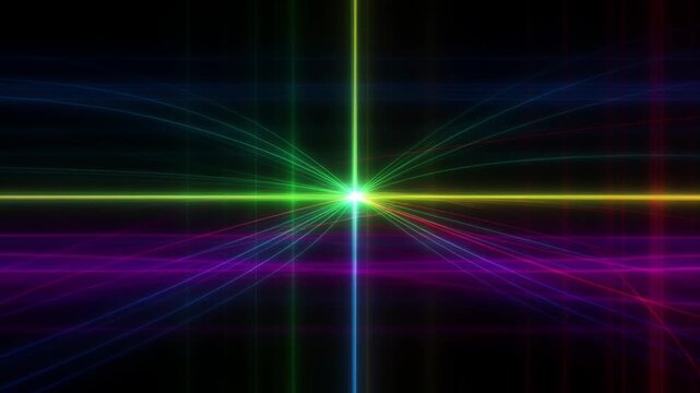 Abstract light streaks convergence with vibrant neon colors and a black background