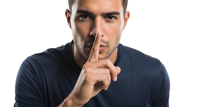 A man in a dark blue shirt making a shh gesture with his finger American player and american United States soccer player, 2026 world championship. Transparent background