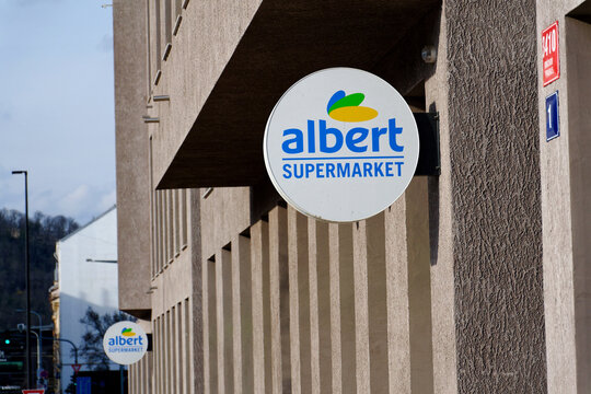 Albert company logo in front of supermarket from Ahold Delhaize group on March 14, 2026 in Prague, Czech Republic.