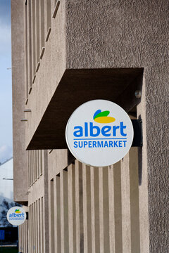 Albert company logo in front of supermarket from Ahold Delhaize group on March 14, 2026 in Prague, Czech Republic.