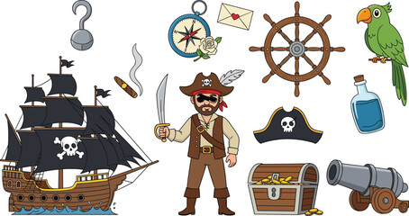 Pirate adventure elements collection with ship treasure chest cannon compass parrot and captain vector illustration set