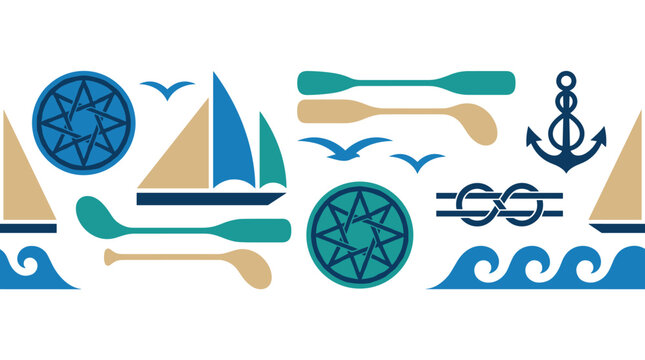A collection of nautical and sailing icons, including boats, oars, and an anchor, is displayed horizontally.