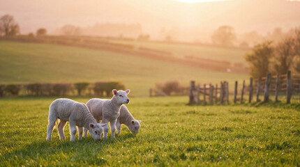 Photograph of three adorable young lambs grazing peacefully in a vibrant green pasture at sunset. © Rowdie