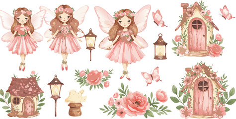 Whimsical fairy illustrations with pink flowers and lanterns in a fantasy garden scene