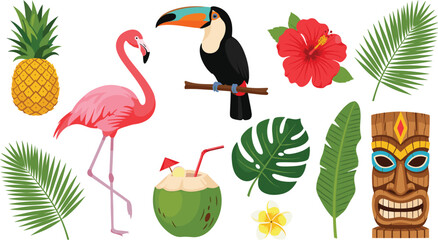 Tropical summer elements set with flamingo toucan pineapple coconut hibiscus leaves and tiki mask vector illustration © EdGe Creative