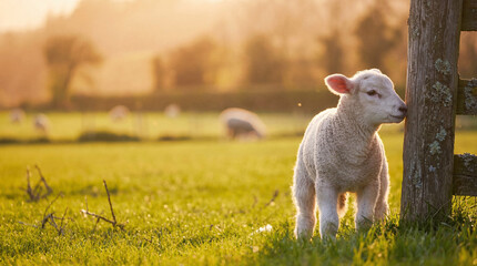 Photograph of a cute fluffy lamb standing peacefully next to a rustic wooden fence post in a sunlit green pasture. © Rowdie