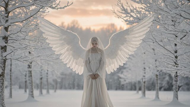 Woman with white wings standing in snowy birch forest. Angelic figure in flowing white gown amid winter trees at sunset. Ethereal serenity and natural beauty concept.