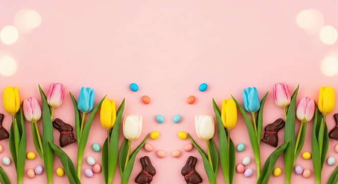 Happy easter wishes with colorful tulips and easter eggs