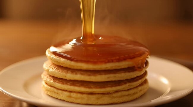 Golden syrup being poured over a warm stack of pancakes on a plate