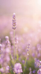 Obraz premium A solitary, vibrant lavender stalk standing tall amidst a dreamy, soft-focused purple field under gentle, hazy light.