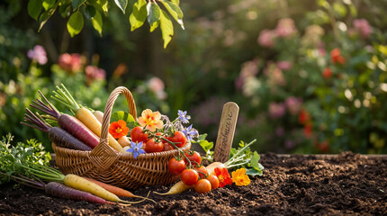Freshly harvested organic vegetables and edible flowers in a basket on rich soil in a sunny garden.