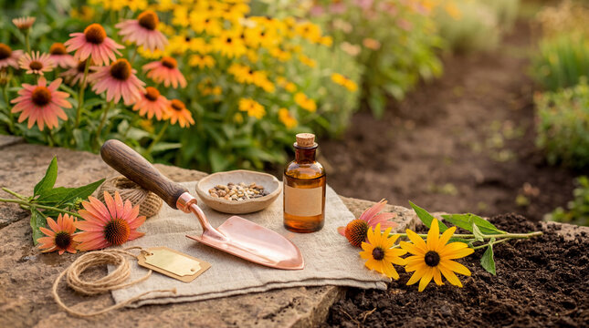 Gardening tools, seeds, and an amber bottle resting on a stone surface amidst vibrant coneflowers in a sunny garden.