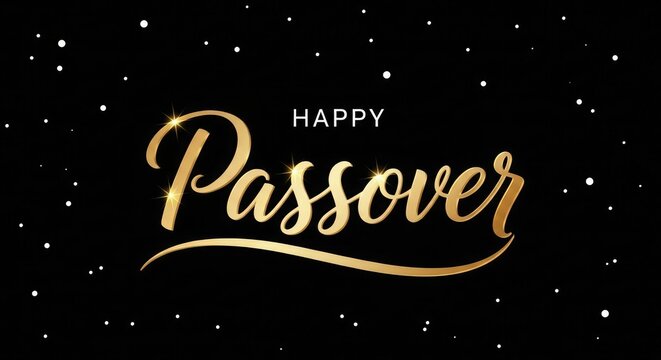 Happy passover celebration greeting card with golden text on black background with white dots