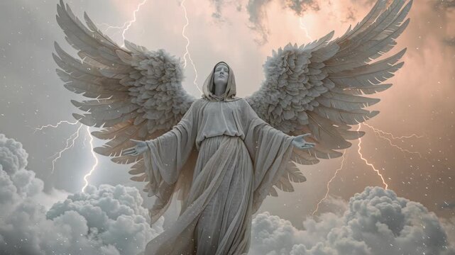 Woman as ethereal angel with white wings in heavenly clouds. Transition to dramatic lightning storm. Divine manifestation and spiritual power concept.