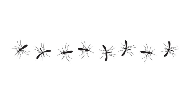 Mosquitoes black silhouette icons with legs and wings spread in various poses across a white background