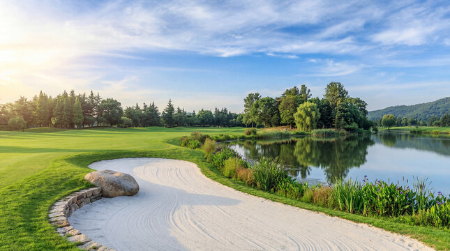 A beautiful photograph of a well-maintained golf course with a large sand bunker and serene lake under a blue sky.