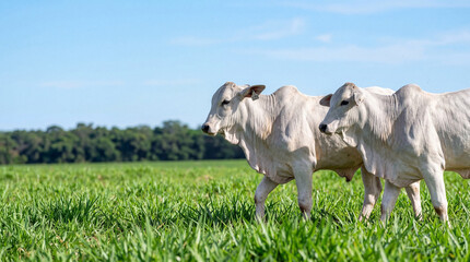 Two white Nellore cattle walking gracefully through a vibrant green pasture under a bright blue sky on a sunny day. © Rowdie