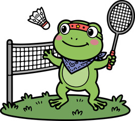 Obraz premium Cute Frog Playing Badminton Cartoon Animal Sports Illustration