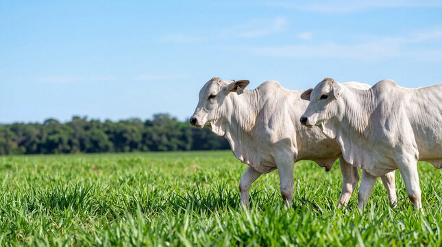 Two white Nellore cattle walking gracefully through a vibrant green pasture under a bright blue sky on a sunny day.