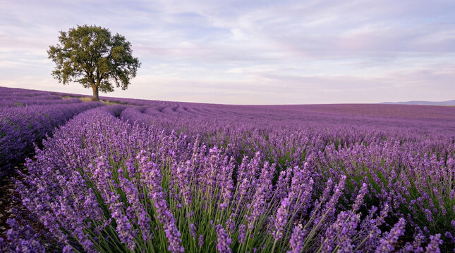 Vast purple lavender fields stretching to the horizon under a soft sky, a lone tree on a hill.