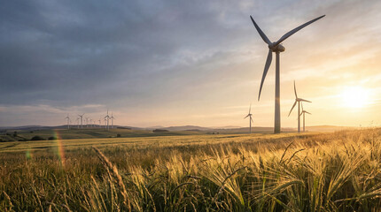 Fototapeta premium Realistic photograph capturing multiple wind turbines in a vast golden crop field at sunset.