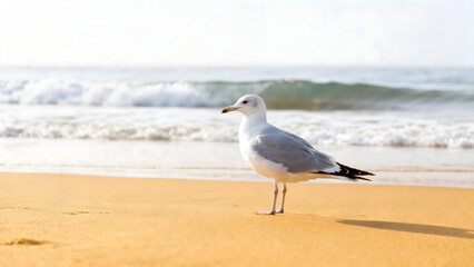 Fototapeta premium Seagull on sandy beach near ocean