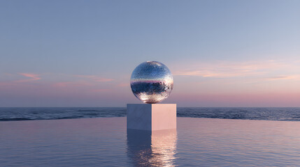 Disco ball on pedestal by ocean